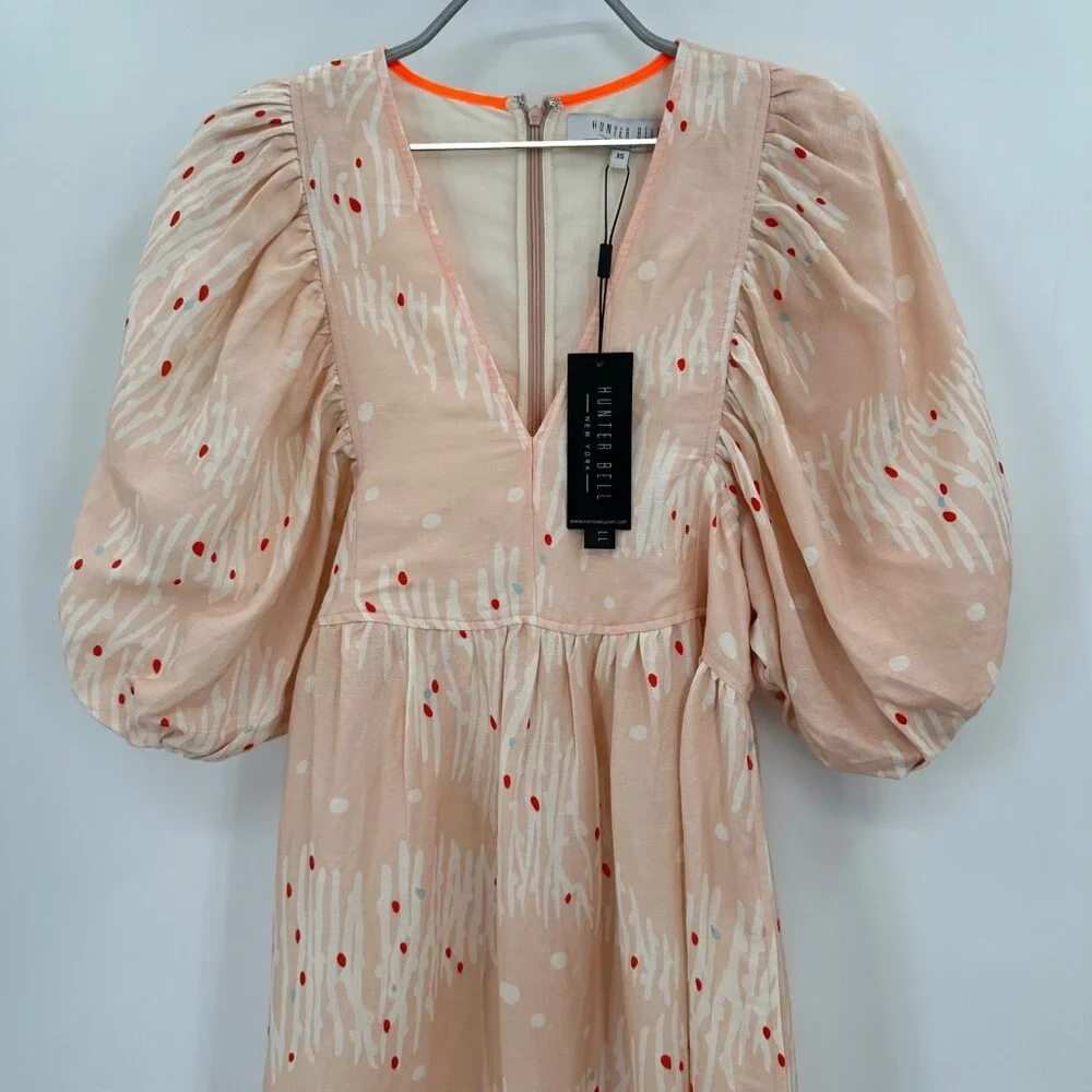 Hunter Bell Abstract Coral Palmer Linen Maxi Dress size XS Puff Sleeve Tiered - Picture 2 of 16